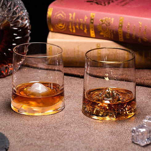 Fire & Ice,Premium Hand-Blown Crystal Whiskey Glasses,Thick Bottom-Gold & Snow,Mountain whiskey glass,Suitable for Bourbon,Scotch,Beer,Cocktail and Various Other Beverages(Golden & Snow, 2PCS)