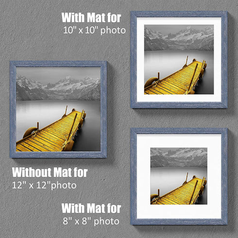 12x12 Picture Frames Wood Distressed Blue Display Pictures 10x10 or 8x8 with Mat or 12x12 without Mat - 12x12 Inch Square Photo Frames with 2 Mats for Wall or Tabletop Mount, 1 Pack