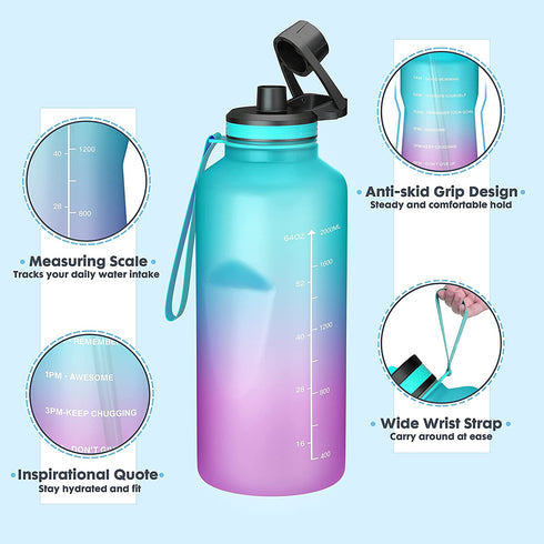 64oz Half Gallon Water Bottle with Time Marker, BUZIO Water Jug with Spout & Straw lid, BPA Free 1/2 Gallon Water Bottle with Straw & Handle for Fitness Outdoor, Ombre Green Pink Purple