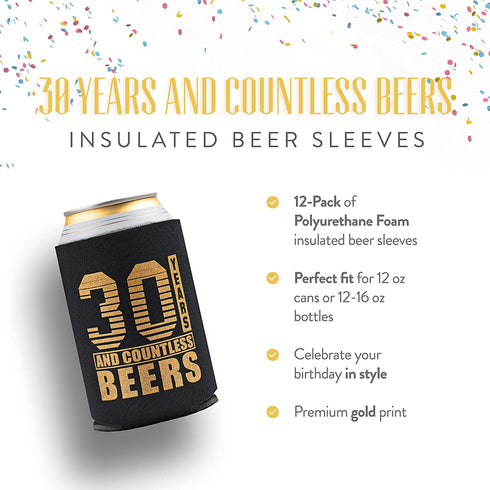 Happy 30th Birthday Decorations for Him, Dirty Thirty Birthday Beverage Can Cooler Sleeves, Insulated Holder Gift Ideas and Party Favors for Men, 12-Pack, Black & Gold