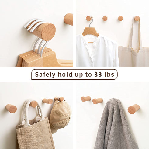 NAUMOO Natural Wooden Wall Hooks - Pack of 4 - Wall Mounted Hook - Modern Wood Coat Rack - Decorative Wooden Pegs for Hanging Hat, Towel, or Purse (Beech Wood)