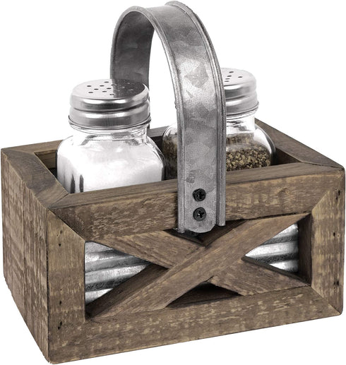 Autumn Alley Barn Door Rustic Salt and Pepper Shakers Set in Wood and Galvanized Caddy | Farmhouse Salt and Pepper Shakers For Rustic Kitchen Decor | Rustic Kitchen Accessory for your Country Kitchen
