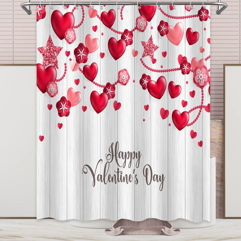 Valentine's Day Shower Curtain Farmhouse Romantic Red Love Hearts Floral Bathroom Curtains, Rustic Vintage Wooden Shiny Star Fabric Shower Curtain Set, 72 x 72 Inch