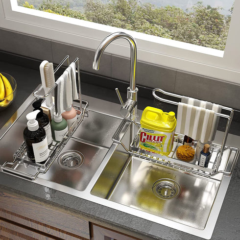Telescopic Sink Storage Rack,Vahvei Expandable Kitchen Sink Organizer Rack,Kitchen Sink Caddy Rack Organizer,304 Stainless Dish Rack Caddy for Soap and Sponge Holder Kitchen Sink