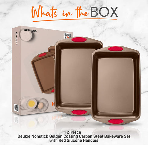 NutriChef 2-Piece Baking Pan Set - PFOA, PFOS, PTFE Free Flexible Nonstick Golden Coating Carbon Steel Bakeware - Professional Home Kitchen Bake Cookie Sheet Stackable Tray w/ Red Silicone Handles