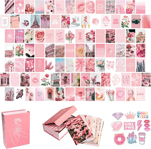 Artivo Pink Aesthetic Wall Collage Kit, 100 Set 4x6 inch, Room Decor for Teen Girls, Pastel Pink Wall Art Print, Dorm Photo Collection, Small Posters for Room Aesthetic
