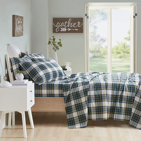 Comfort Spaces Cotton Flannel Breathable Warm Deep Pocket Sheets With Pillow Case Bedding, Twin, Scottish Plaid Green