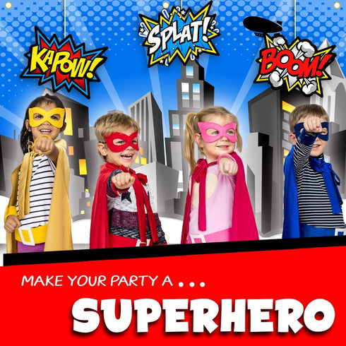 Bigtime Signs XL Superhero Backdrop with 6 Comic Action Word Photo Booth Props - Compliments any Super Hero Birthday Party - 4 foot x 6 ft - Cityscape Back Drop Banner Decoration Hangs on Wall Easily