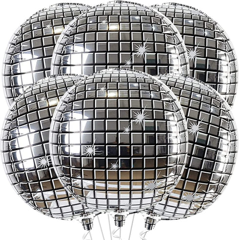 Big, Silver Disco Ball Balloons - 22 Inch, Pack of 6 | 4D Sphere Round Metallic Disco Balloons for Disco Party Decorations | Disco Ball Decorations for Bachelorette Party Decorations, 70s Theme Party
