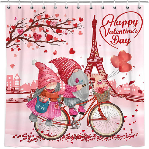 Valentines Shower Curtain for Bathroom, Happy Valentine's Day Gnomes by Bike Waterproof Bath Curtain, Valentine Love Tree Eiffel Tower Fabric Shower Curtains with Hooks for Home Decorations, 72"x72"