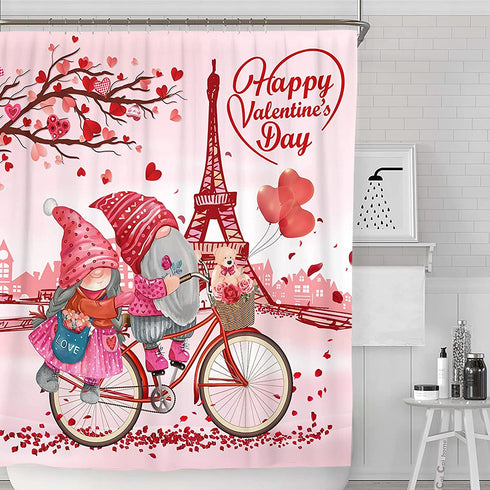 Valentines Shower Curtain for Bathroom, Happy Valentine's Day Gnomes by Bike Waterproof Bath Curtain, Valentine Love Tree Eiffel Tower Fabric Shower Curtains with Hooks for Home Decorations, 72"x72"