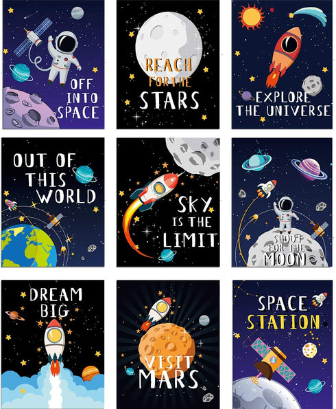 Blulu 9 Pieces Outer Space Decor for Kids Room Boy Bedroom Space Posters 8 x 10 Inch Cute Inspirational Wall Art Decoration for Boys and Girls Playroom Space Nursery Decor