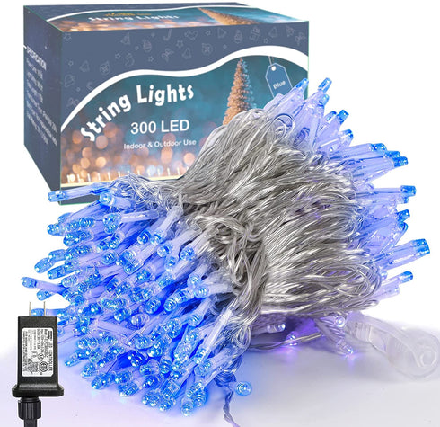 LJLNION 300 LED String Lights Outdoor Indoor, Extra Long 98.5FT Super Bright Christmas Lights, 8 Lighting Modes, Plug in Waterproof Fairy Lights for Holiday Wedding Party Bedroom Decorations (Blue)