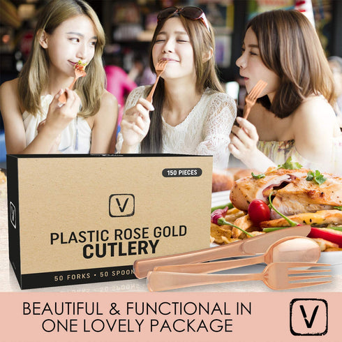 150 pcs Sturdy Rose Gold Silverware Set| Rose Gold Plastic Silverware for Black Tie Events, Wedding Receptions & Parties| Rose Gold Forks, Knives & Spoons| Disposable Rose Gold Cutlery With No Cleanup