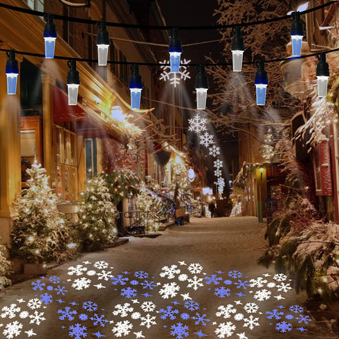 Vigdur Christmas String Lights - Snowflake Projector Light String with 10 LED Hanging Blue&White Snowflake Projector Bulbs Plug in for Indoor Outdoor Xmas Patio Yard Bedroom Holiday Decor,31.4FT