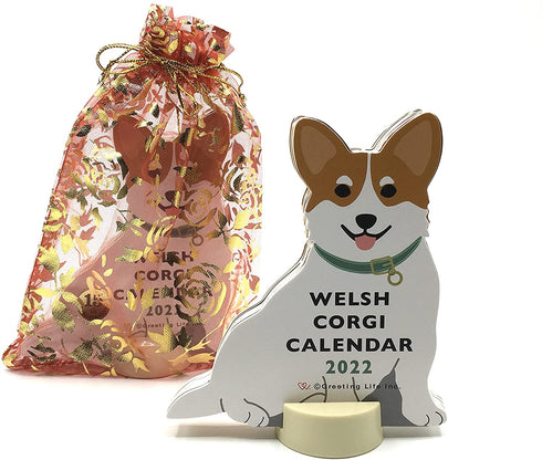 Greeting Life Inc. Welsh Corgi 2022 Die-cut Desktop Calendar 4 in. W x 4.5 Tall with Red Organza Pouch