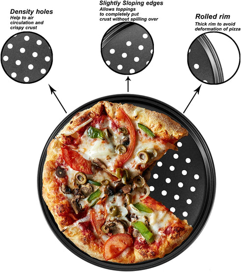 Baking Steel Pizza Pan with Holes, Round Pizza Pan for Oven, 9 Inch, 11 Inch, 12 Inch Bakeware Pizza Tray, mobzio Nonstick Baking Supplies Home Restaurant Kitchen Steel Crisper Pizza Pan Set (3 Pcs)