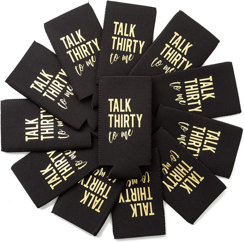 Talk Thirty To Me Can Coolers, 30th Birthday Party Coolies, Set of 12, Black/White/Pink and Gold Thirtieth Birthday Cup Coolers, Perfect for Birthday Parties, Birthday Decorations (Black, Slim)