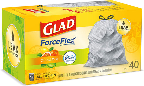 Glad® ForceFlex Tall Kitchen Drawstring Trash Bags, Citrus & Zest, 13 Gal, 40 Ct (Package May vary)