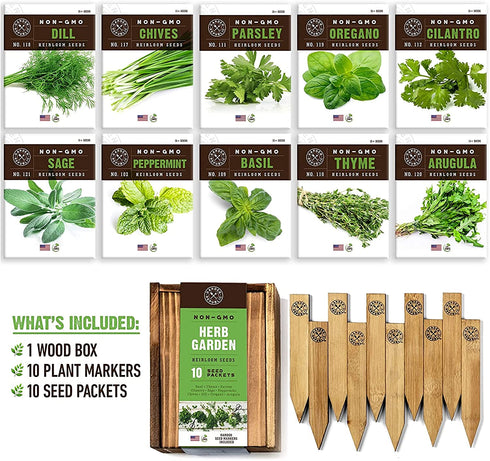 Herb Garden Seeds for Planting - 10 Culinary Herb Seed Packets Kit, Non GMO Heirloom Seeds, Plant Markers, Wood Gift Box - Home Gardening Gifts for Gardeners
