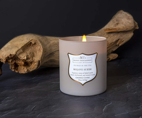 Manly Indulgence Scented Jar Candle, Mojave Suede, Signature Collection, Soy Wax Blend, Wooden Wick, 15 Oz, Single (Faded Suede, Desert Driftwood & Misted Musk)