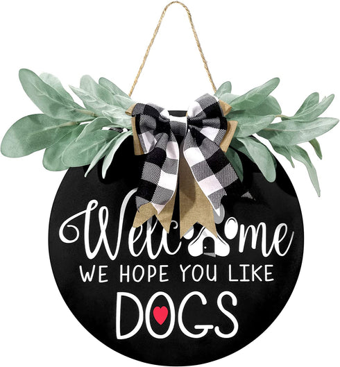 Welcome Sign for Front Door Decor - We Hope You Like Dogs,Outdoor Wooden Wreath Sign Farmhouse Door Hanger Sign with Eucalyptus Leaves and Buffalo Plaid Bow for Dogs Lovers Christmas Housewarming Gift