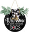 Welcome Sign for Front Door Decor - We Hope You Like Dogs,Outdoor Wooden Wreath Sign Farmhouse Door Hanger Sign with Eucalyptus Leaves and Buffalo Plaid Bow for Dogs Lovers Christmas Housewarming Gift