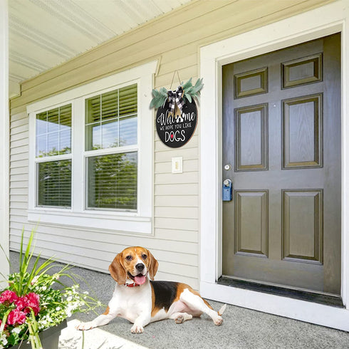 Welcome Sign for Front Door Decor - We Hope You Like Dogs,Outdoor Wooden Wreath Sign Farmhouse Door Hanger Sign with Eucalyptus Leaves and Buffalo Plaid Bow for Dogs Lovers Christmas Housewarming Gift