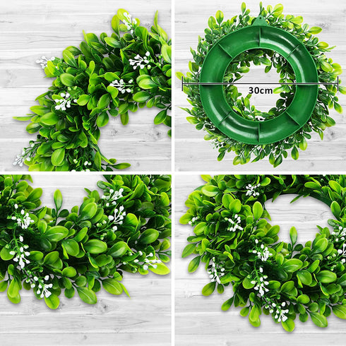 2 Pack 12" Artificial Boxwood Wreath for Front Door Faux Green Leaves Greenery Spring Wreath for Home Wall Window Wedding Party Hanging Decor (White Seeds)