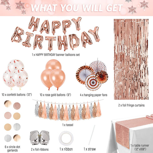DECORLIFE Rose Gold Birthday Decorations, Happy Birthday Decorations for Girls and Women, Brilliant Table Runner, Circle Garlands and Hanging Paper Fans Included, for Sweet 16, 23 50 70th Birthday