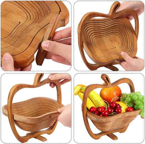 9 x 8.5 Inches Collapsible Bamboo Fruit Basket Dried Fruit Basket Tray Turns into Basket Wooden Snack Box Holiday Food Tray Fruit Bowl Holder for Kitchen Table