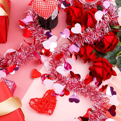 Fovths 32.8 Feet Valentines Tinsel Garland Metallic Tinsel Twist Garland with Red String Lights Valentines Tree Hanging Garland Decoration for Valentine Indoor Outdoor Decorations (Red, Pink, White)