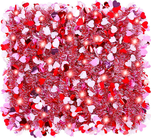 Fovths 32.8 Feet Valentines Tinsel Garland Metallic Tinsel Twist Garland with Red String Lights Valentines Tree Hanging Garland Decoration for Valentine Indoor Outdoor Decorations (Red, Pink, White)