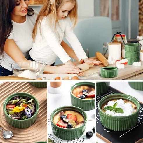Ramekins Set of 6, vancasso 8 Oz Ramekin Set for Baking, Porcelain Souffle Dishes Microwave and Oven Safe, Ceramic Custard Cups for Creme Brulee, Pudding, Cake, Dessert, Dip Sauce Bowls (Green)
