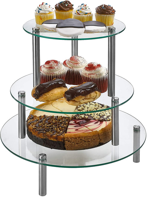 3 Tier Round Tempered Glass Display Stand 9, 11, 13 for Cake, Cupcakes, Desserts, Bakery, Appetizers Set of 3 Glass Retail Display Raiser. (Clear)