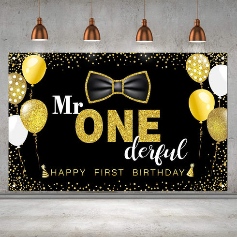 Boys 1st Birthday Mr. Onederful Party Decoration Photography Backdrop Boy Toddler Little Man First Birthday Cake Table Decor Banner(Black)