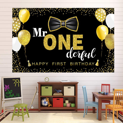 Boys 1st Birthday Mr. Onederful Party Decoration Photography Backdrop Boy Toddler Little Man First Birthday Cake Table Decor Banner(Black)