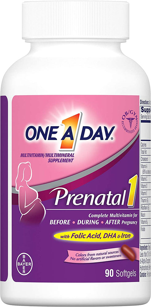 One A Day Women's Prenatal 1 Multivitamin, Supplement for Before, During, and Post Pregnancy, Including Vitamins A, C, D, E, B6, B12, and Omega-3 DHA, 90 Count