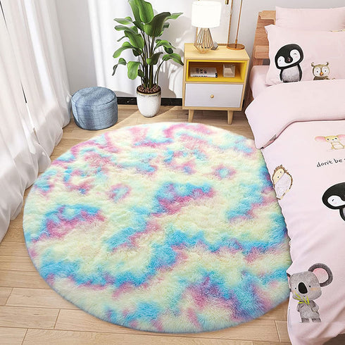 ST. BRIDGE Soft Round Rainbow Rug for Girls Room, Fluffy Circle Rug for Kids Room Decor, Indoor Modern Anti-Skid Fuzzy Nursery Mats, Shaggy Fur Area Rugs for Living Room Bedroom Plush Carpet, 3 Feet