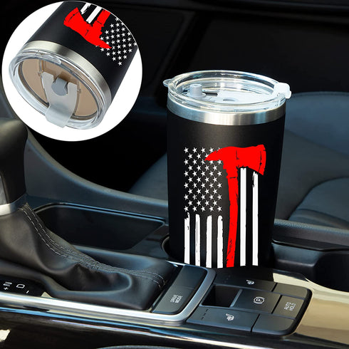 Firefighter Gifts for Men - 20 Ounce Stainless Steel Travel Tumbler/Mug with Lid for Coffee Cup| Thin Red Line Flag Design for Fireman | Fire Department | First Responder (20 Ounce) (Black, 20 Ounce)