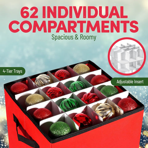 Christmas Ornament Storage Box - 12 x 12 Inch, 4-Layer Ornament Storage Container Fits Up To 64 Christmas Balls - Heavy-Duty Polyester Ornaments Storage and Organizer with Removable Lid