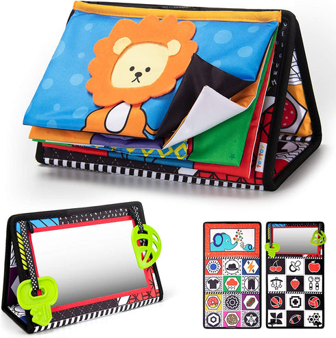 teytoy Tummy Time Floor Mirror with Crinkle Cloth Book and Teethers, High Contrast Black and White Baby Toys, Developmental Montessori Sensory Crawling Toy for Newborn Infant Toddler 0 3 6 Months Gift