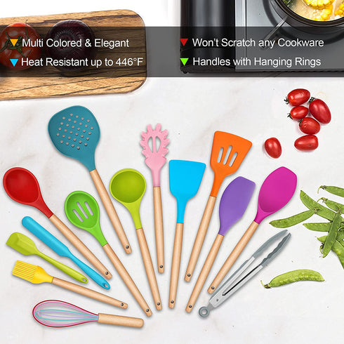 LIANYU 15-Piece Kitchen Silicone Cooking Utensils Set with Holder, Wooden Handle Kitchen Tools Include Spatula Tong Slotted Spoon Turner Whisk Brush, Colorful