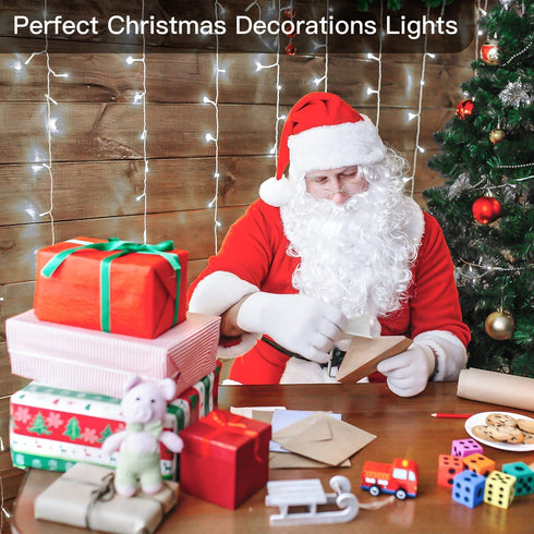 Ollny Curtain Lights Christmas Cool White 300 LED 9.8ftx9.8ft, Remote USB Powered 8 Lighting Modes Timer Waterproof Hanging Lights Indoor Outdoor for Xmas Thanksgiving Wedding Party Patio Decorations