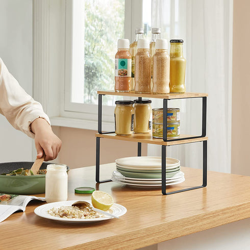 SONGMICS Cabinet Shelf Organizers, Set of 2 Kitchen Counter Shelves, Stackable, Expandable, Metal and Bamboo, Black and Natural UKCS02NB