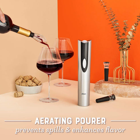 Oster 4-in-1 Wine Savoring Experience with Cordless Electric Wine Opener | Wine Kit with Rechargeable Wine Bottle Opener, Wine Pourer, Vacuum Wine Stoppers, and Foil Cutter, Black
