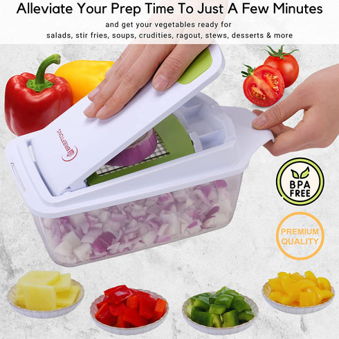 Brieftons QuickPush Food Chopper: Strongest & 200% More Container Capacity, 30% Heavier Duty, Kitchen Vegetable Fruit Dicer, Onion Tomato Potato Fries Cutter, with 3 Dicing Blades & Keep-Fresh Lid