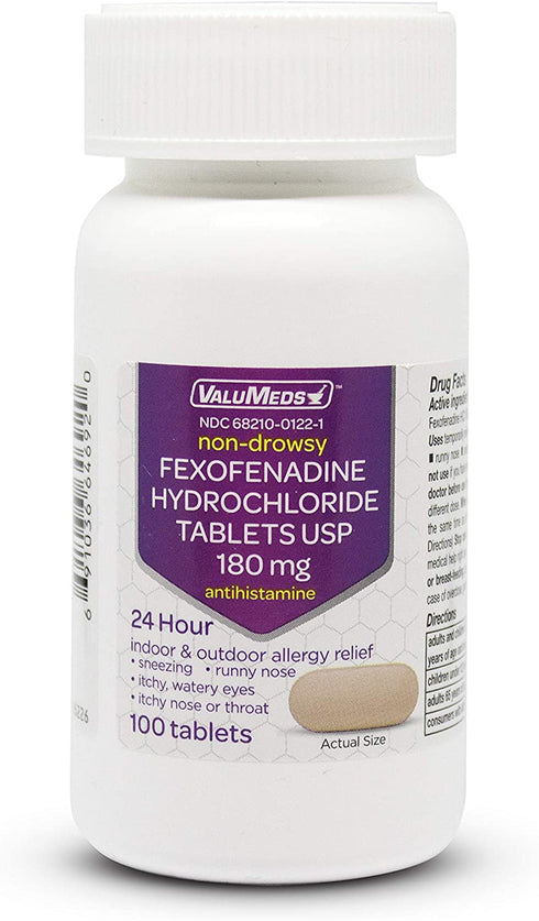 ValuMeds 24-Hour Allergy Medicine (100-Count) Fexofenadine HCl Tablets | Non-Drowsy Antihistamine | Pollen, Hay Fever, Dry, Itchy Eyes, Allergies | Kids, Adults (Compare to Allegra Tablets)