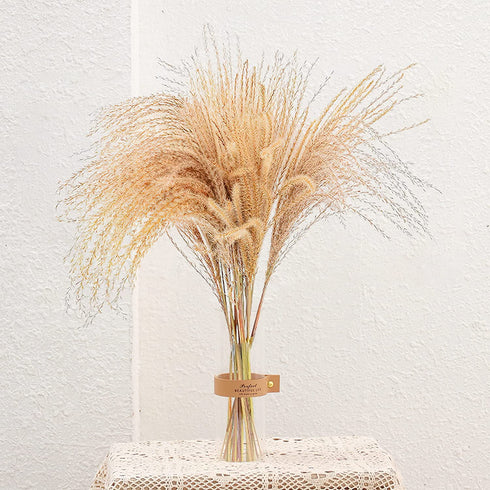 Dried Pampas Grass Decor Vase Home Design Arrangements,Natural Pompous Grass Plants Fluffy Artificial Faux Reed Flower Stems Bunch for Wedding Door Wreath Boho Living Room Decoration (100PCs Reed)