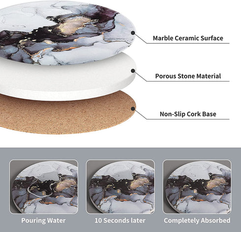 Coasters with Holder, Absorbent Coasters by DSNDVES, Set of 6 Ceramic Coasters, Marble Style Drink Coasters with Cork Base, Bar Coasters, Round Stone Coasters for Table Protection Black